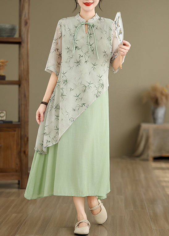 Green Print False Two Pieces Cotton Dresses Stand Collar Summer JH050