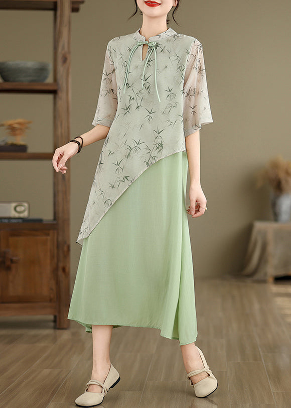 Green Print False Two Pieces Cotton Dresses Stand Collar Summer JH050