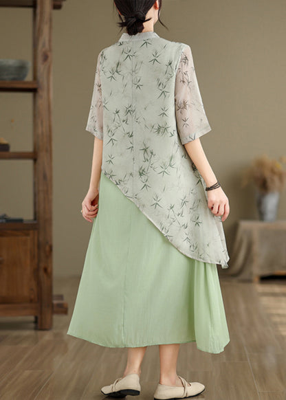 Robe en coton à imprimé vert et faux deux pièces à col montant pour l'été JH050