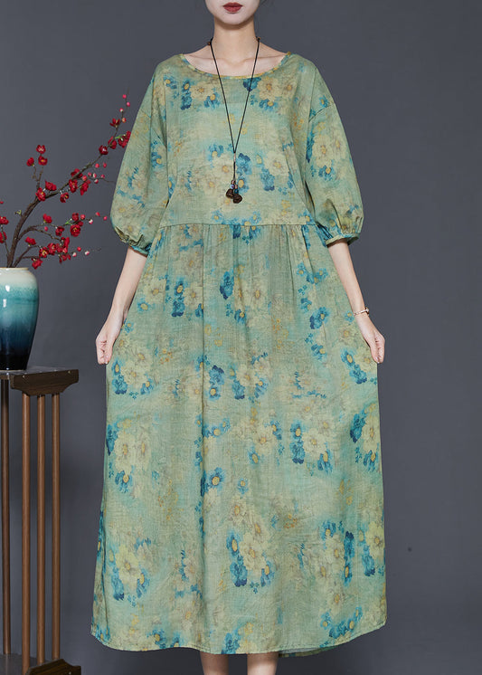 Green Print Linen Vacation Dresses Oversized Summer SD1003