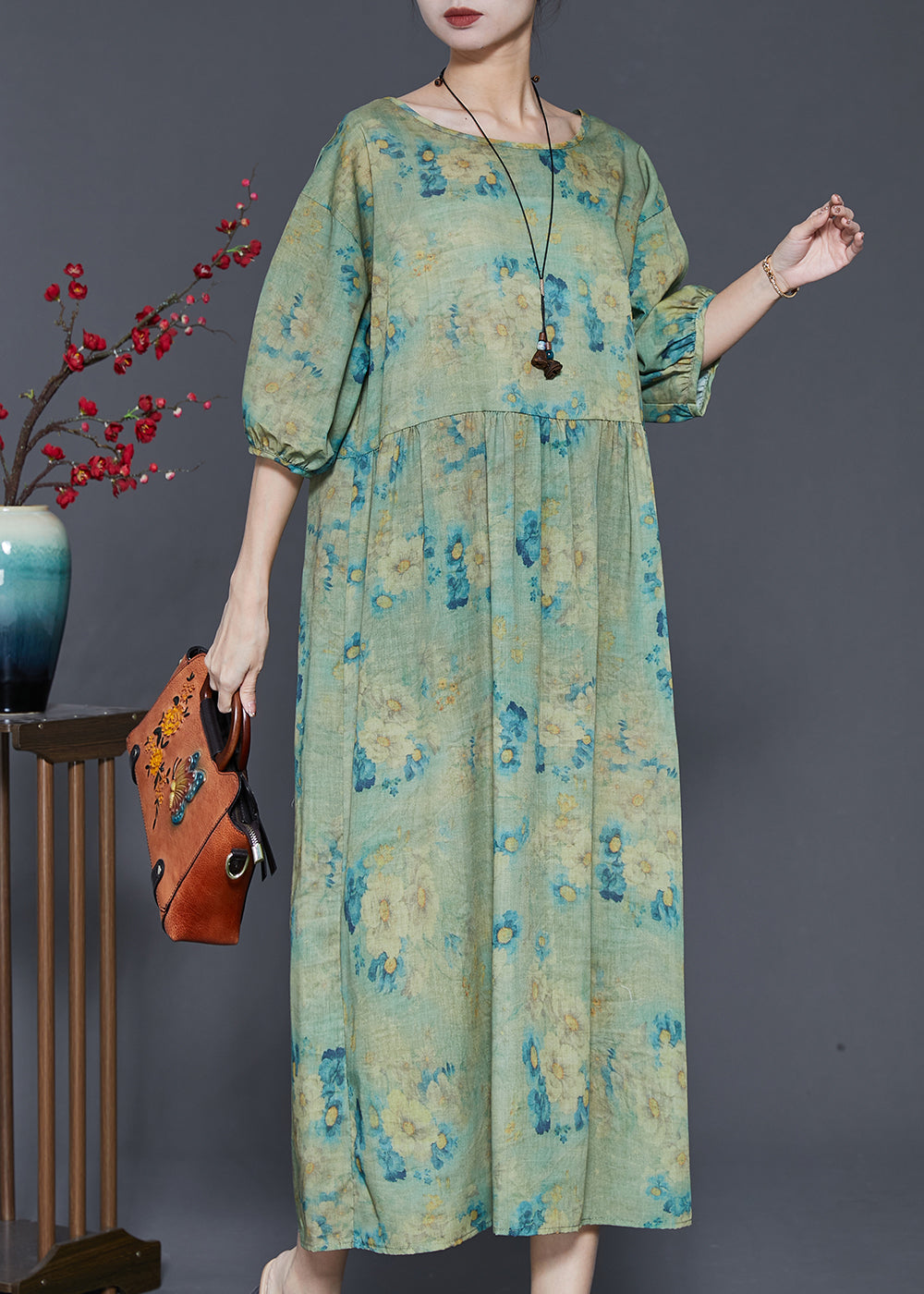 Green Print Linen Vacation Dresses Oversized Summer SD1003