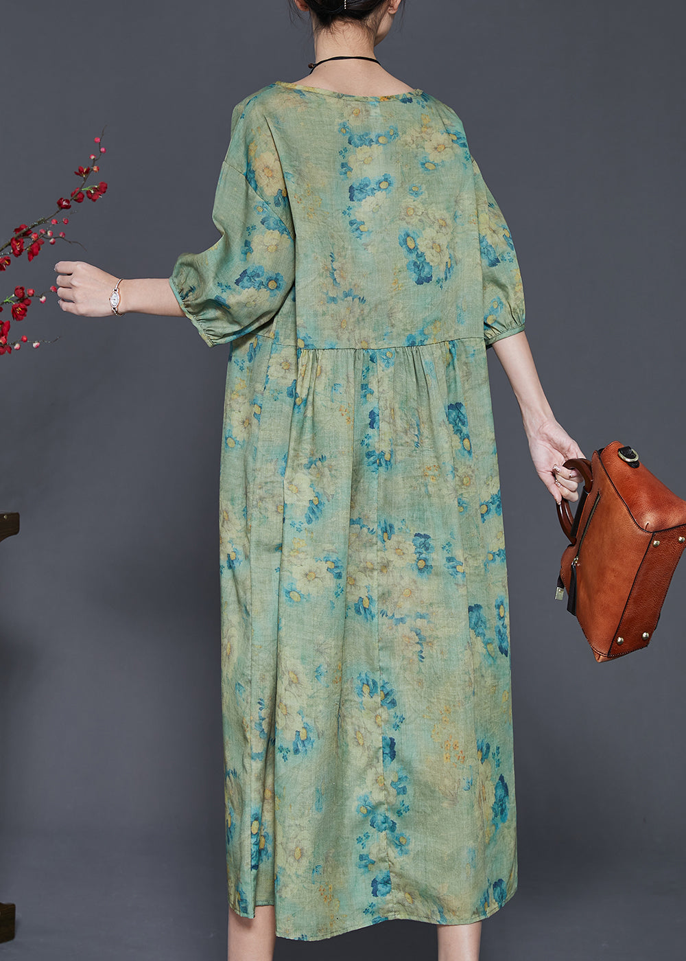 Green Print Linen Vacation Dresses Oversized Summer SD1003