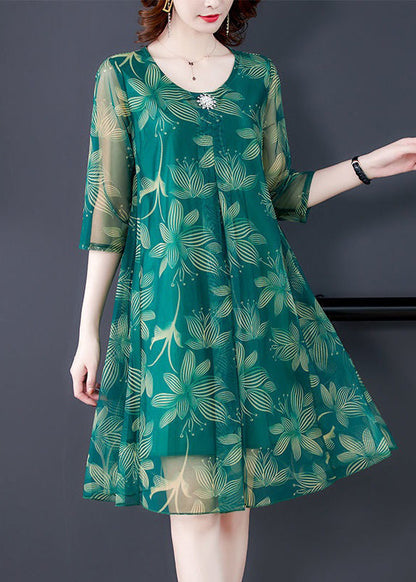 Robe en tulle à imprimé vert, col rond, manches mi-longues, OP1084