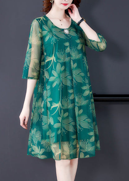 Robe en tulle à imprimé vert, col rond, manches mi-longues, OP1084