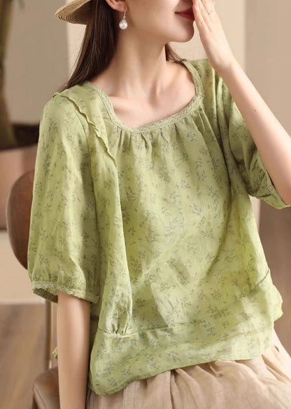 Sides Green Wear Print Both Sleeve Half Shirt On Button Linen