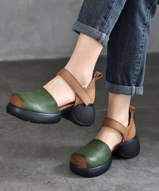 Green Sandals Chunky Cowhide Leather Handmade Splicing Buckle Strap DD1062