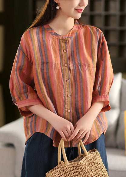 Streifen O Ärmel Leinen Armband Hals Grüne Hemden