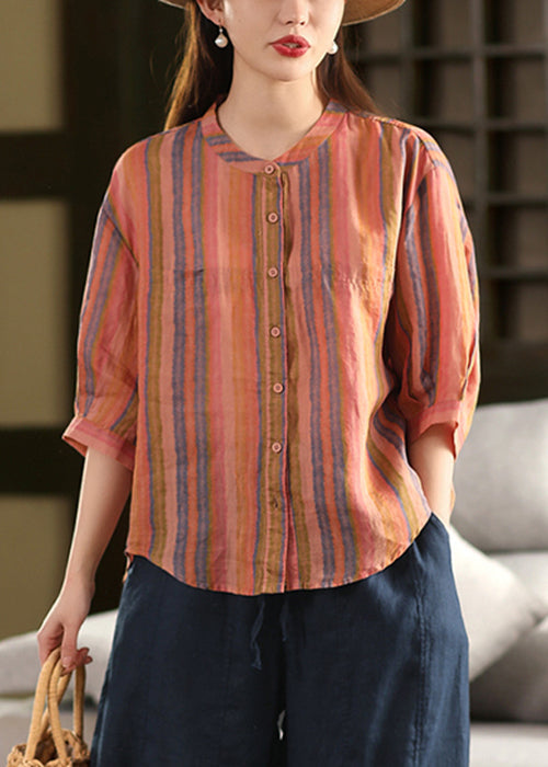 Streifen O Ärmel Leinen Armband Hals Grüne Hemden