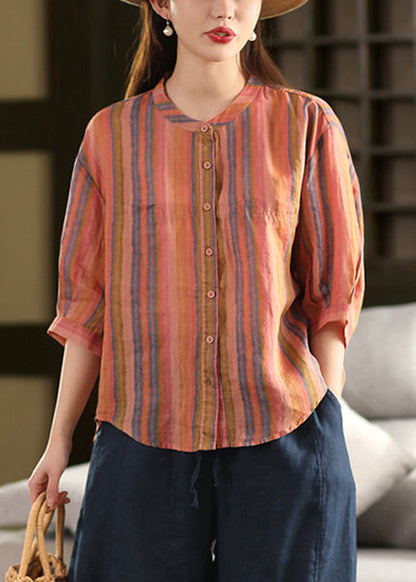 Streifen O Ärmel Leinen Armband Hals Grüne Hemden