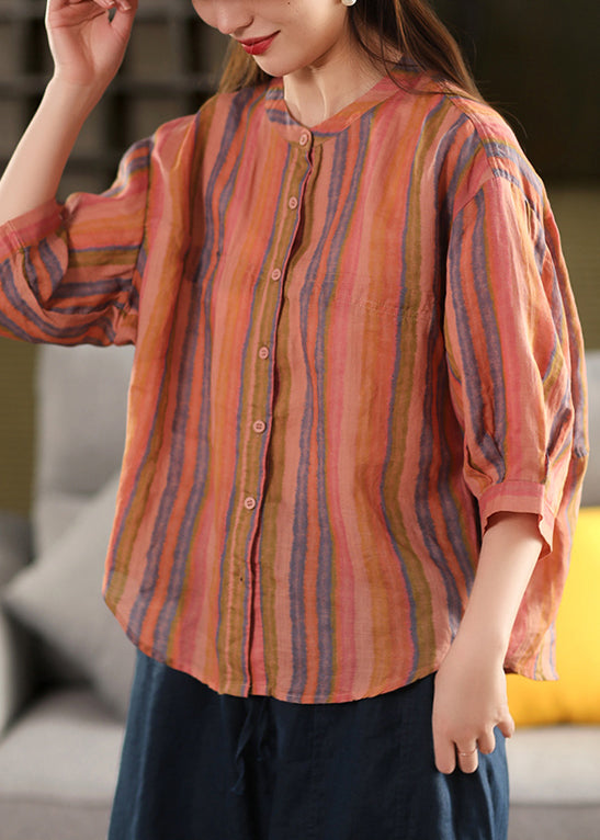 Streifen O Ärmel Leinen Armband Hals Grüne Hemden