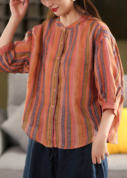 Streifen O Ärmel Leinen Armband Hals Grüne Hemden