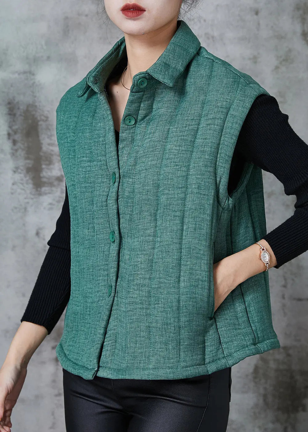 Green Thick Fine Cotton Filled Vest Peter Pan Collar Pockets Spring Ada Fashion