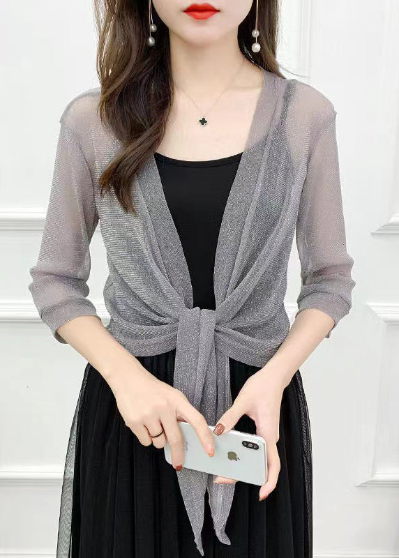 Grey Lace Up Tulle Cardigan V Neck Half Sleeve Ada Fashion