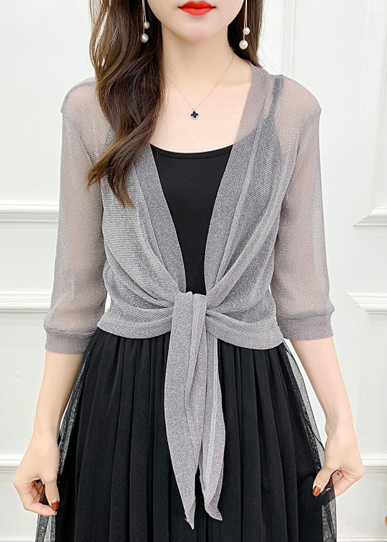 Grey Lace Up Tulle Cardigan V Neck Half Sleeve Ada Fashion