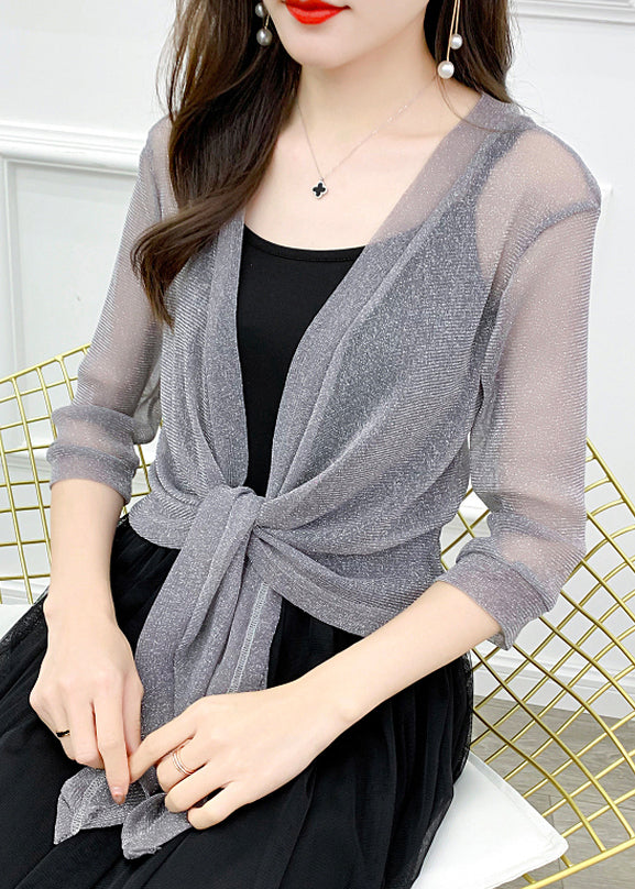 Grey Lace Up Tulle Cardigan V Neck Half Sleeve Ada Fashion