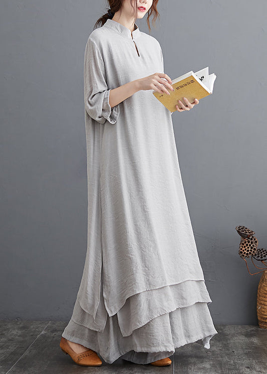 Grey Linen Two Piece Set Tops And Pants Clothing Spring Summer AP095