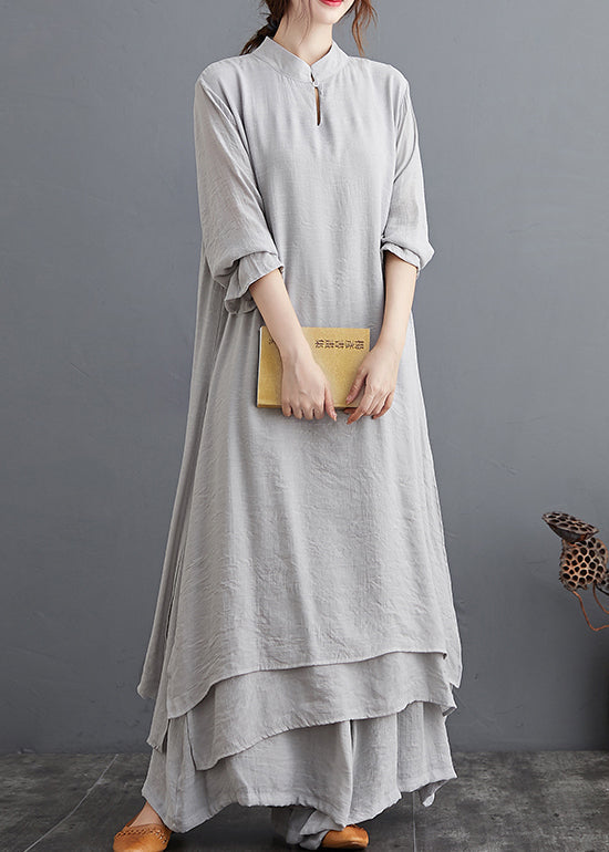 Grey Linen Two Piece Set Tops And Pants Clothing Spring Summer AP095