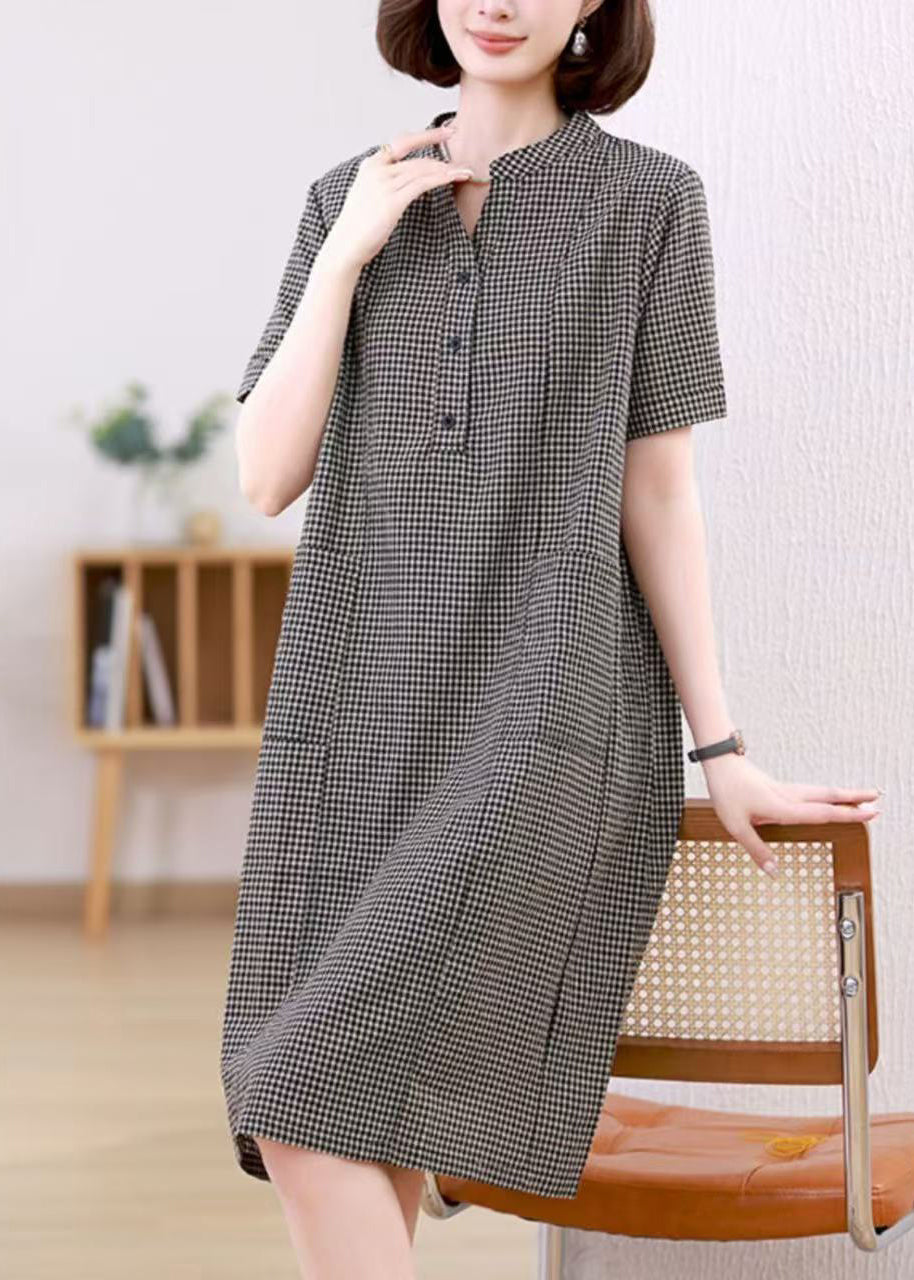 Kleider Stand Plaid Leinen Kragen Grau Mid Summer