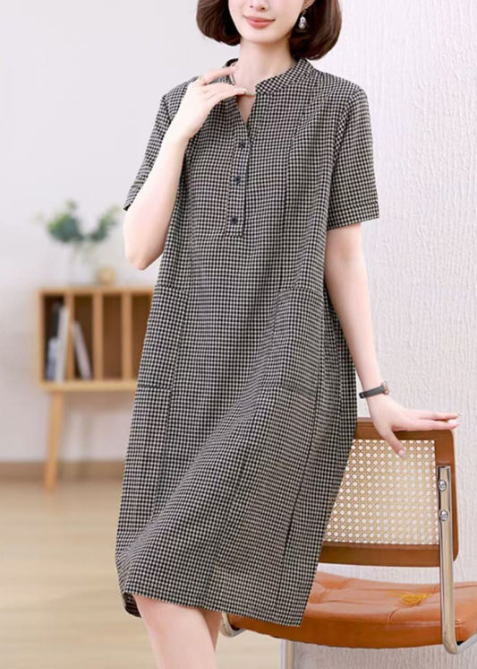 Kleider Stand Plaid Leinen Kragen Grau Mid Summer