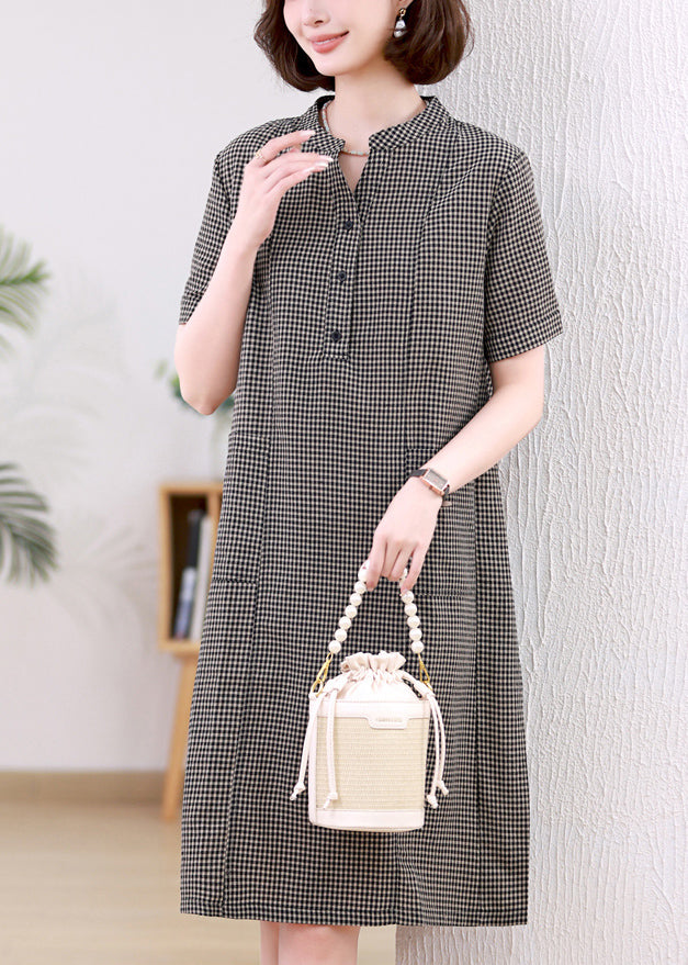 Kleider Stand Plaid Leinen Kragen Grau Mid Summer