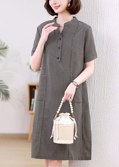 Kleider Stand Plaid Leinen Kragen Grau Mid Summer