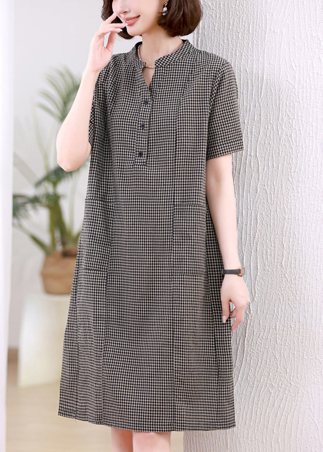 Kleider Stand Plaid Leinen Kragen Grau Mid Summer