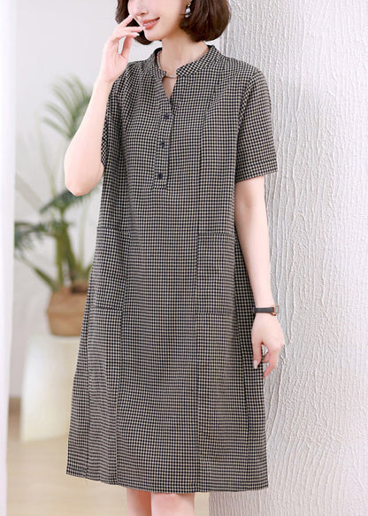 Kleider Stand Plaid Leinen Kragen Grau Mid Summer