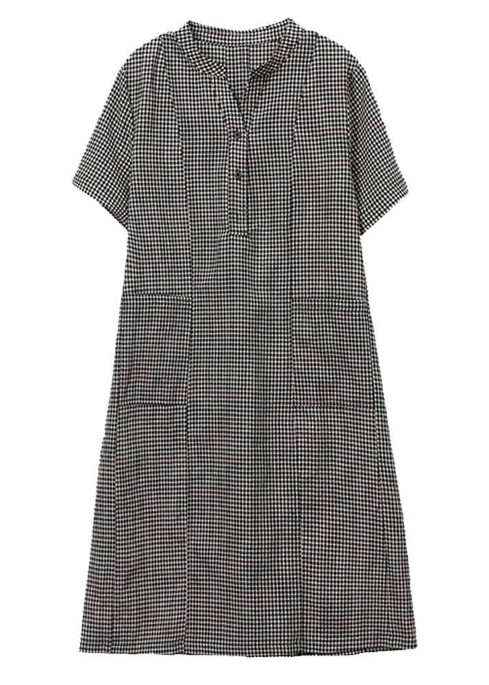 Kleider Stand Plaid Leinen Kragen Grau Mid Summer