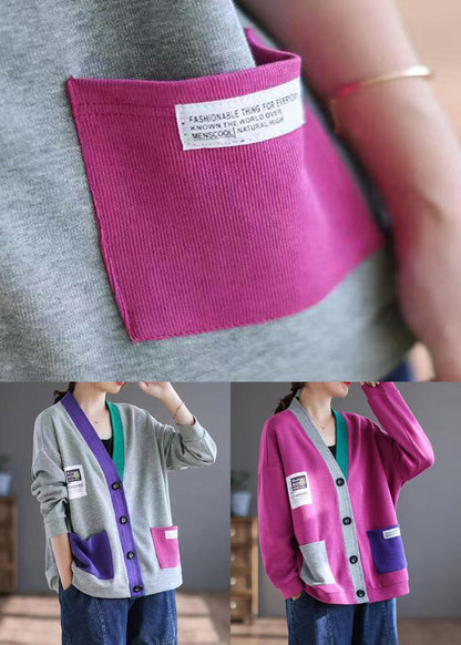 Cardigans Cotton V Spring Patchwork Pockets Loose Neck Grey