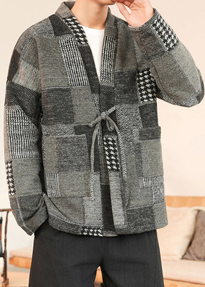 Grey Pockets Patchwork Woolen Men Coat V Neck Winter RO031