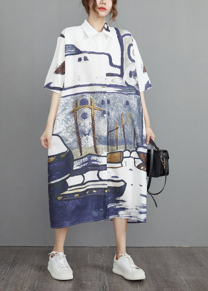 Print Sommer Oversize Baumwollhemdkleider Grau