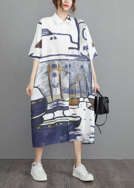 Print Sommer Oversize Baumwollhemdkleider Grau