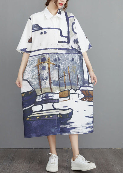 Print Sommer Oversize Baumwollhemdkleider Grau