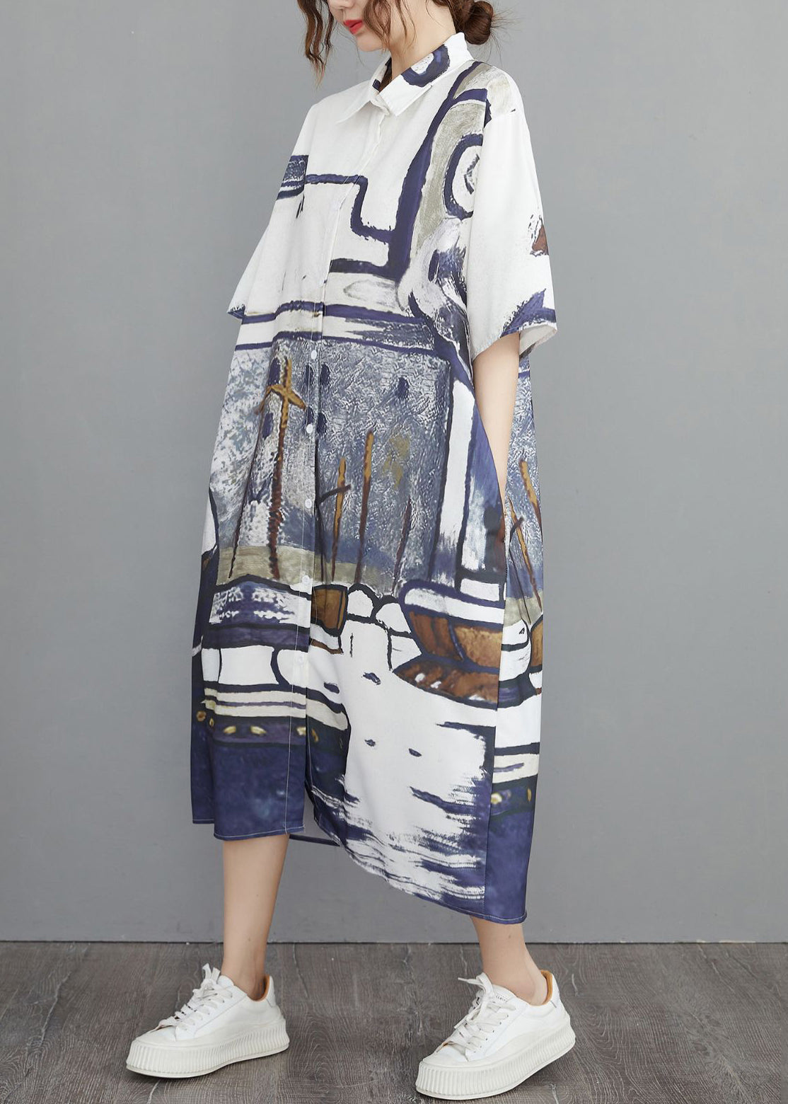 Print Sommer Oversize Baumwollhemdkleider Grau