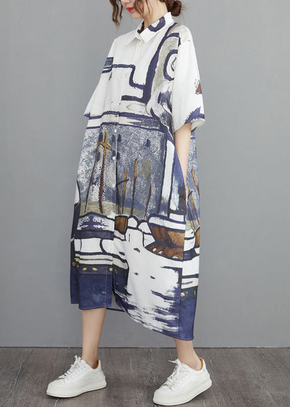 Print Sommer Oversize Baumwollhemdkleider Grau