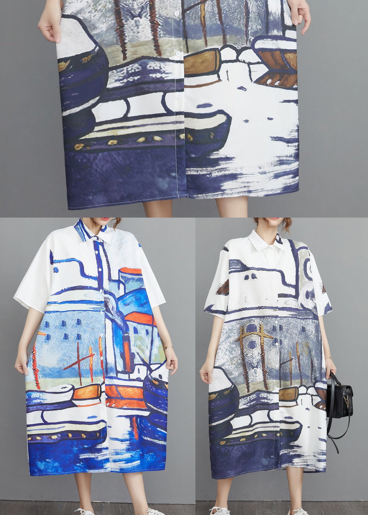 Print Sommer Oversize Baumwollhemdkleider Grau