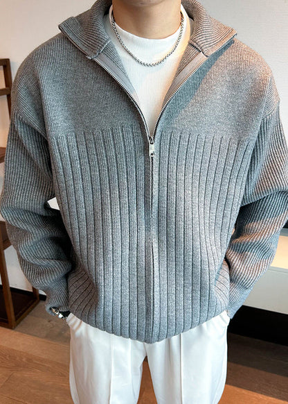 Manteau uni printemps Pan Peter Men gris col en tricot