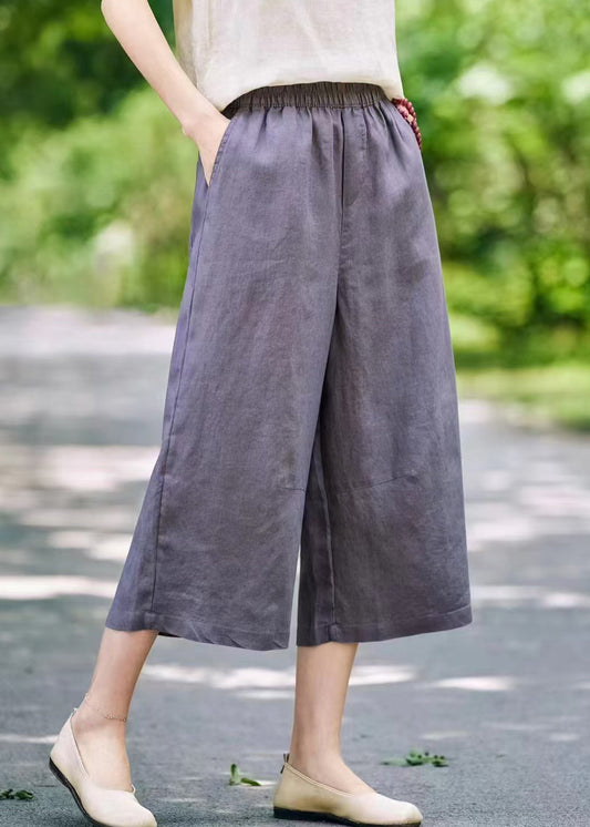 Pantalon d'été large et élastique en lin, taille unie, gris