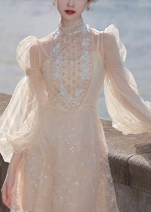 Handmade Apricot Nail Bead Tulle Mid Dress Long Sleeve XX052