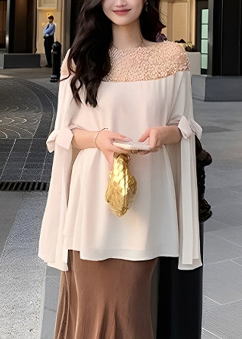 Chiffon Top Sleeved Pearl Handmade Apricot Patchwork Half Bow