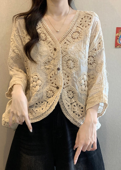 Neck Apricot Cardigan V Handmade Hollow Out Spring Button