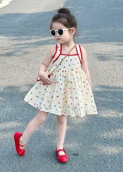 Robe mi-longue en patchwork de pois beiges faite à la main pour filles, été EW007