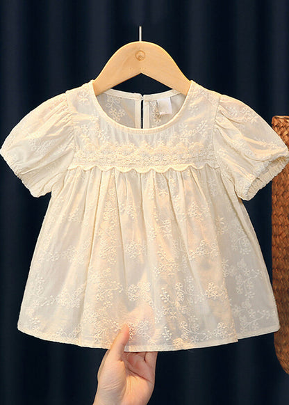 Haut à volants en patchwork brodé beige fait main pour fille à manches courtes SS1013