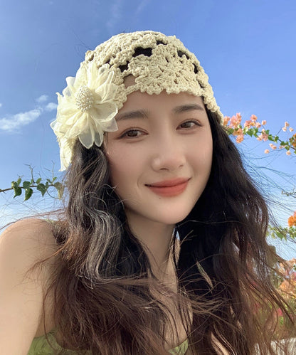 Handmade Beige Hollow Out Floral Knit Bonnie Hat YU1001