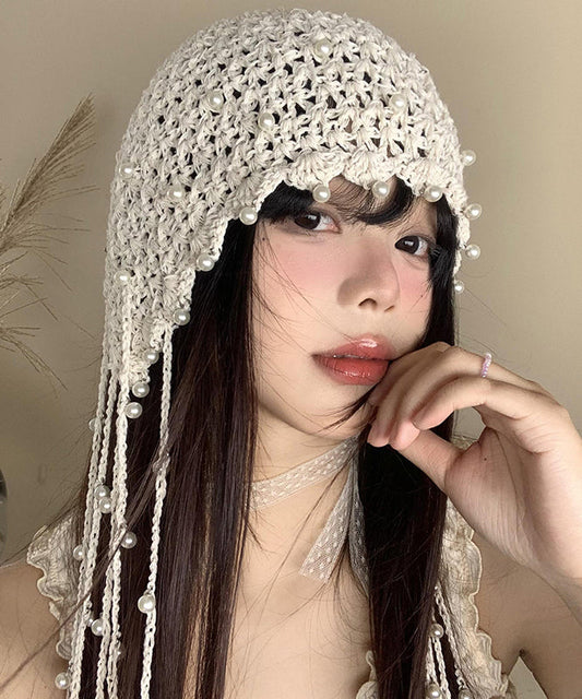 Handmade Beige Tassel Bead Hollow Out Knit Bonnie Hat WI019