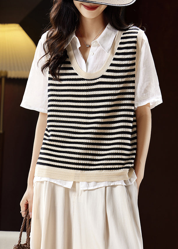 Handmade Beige V Neck Striped Knit Vest Summer WW033