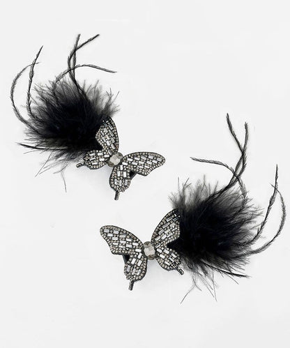 Hairpin Feathers Zircon Handmade Black Butterfly Alloy