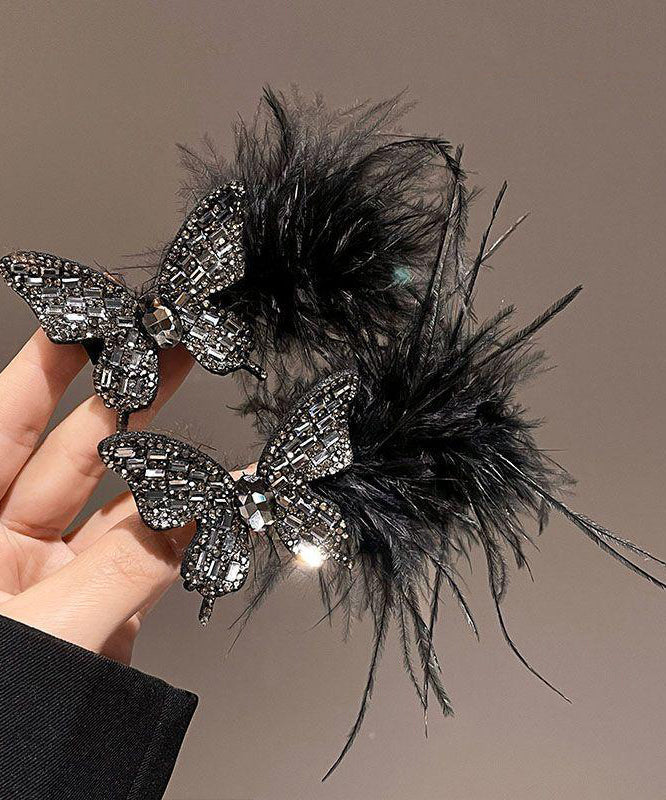 Hairpin Feathers Zircon Handmade Black Butterfly Alloy