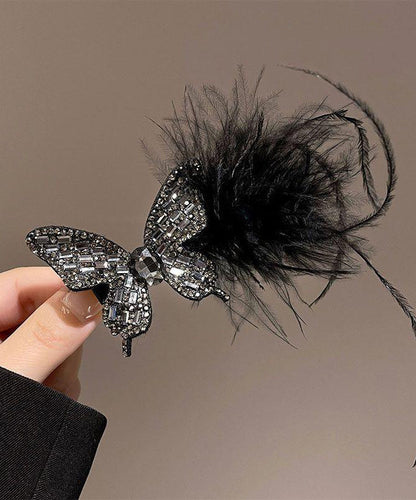 Hairpin Feathers Zircon Handmade Black Butterfly Alloy