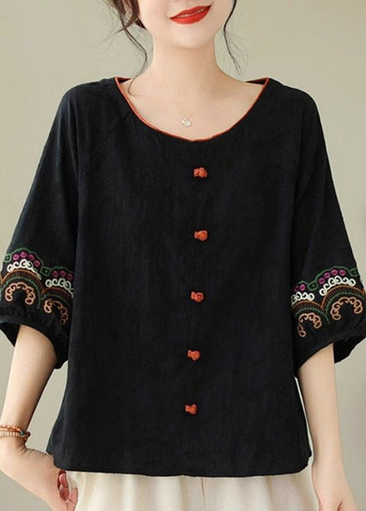 Handmade Half Sleeve Tops Black Embroidere Patchwork